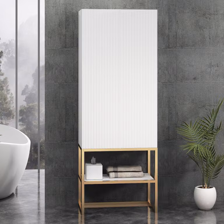Royal Bathrooms Vienna Tall Boy Unit, Matt White with Brushed Brass Frame, H 160 cm x W 60 cm x D 35 cm