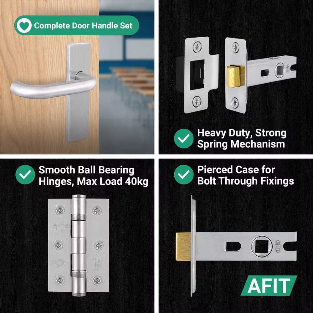 AFIT Satin Steel Return to Door Lever Backplate and Latch 64mm Hinge Kit in Silver, W/D/H: 150 x 150 x 150 mm – 3
