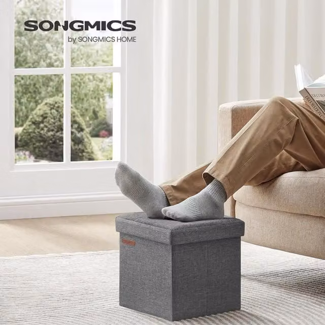 SONGMICS Foldable Fabric Storage Ottoman in Grey