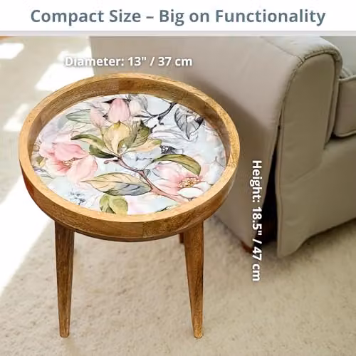Hartsmede Mango Wood Round Side Table with Pink Floral Enamel Resin Top and Detachable Legs, H 36 cm x W 38 cm – 5