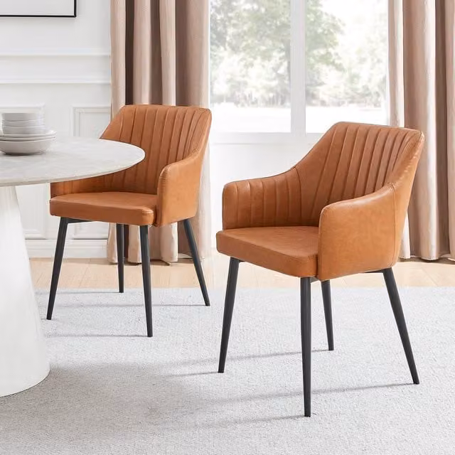 FurnitureboxUK Set of 2 Calla Faux Leather Dining Chairs with Black Metal Legs in Tan