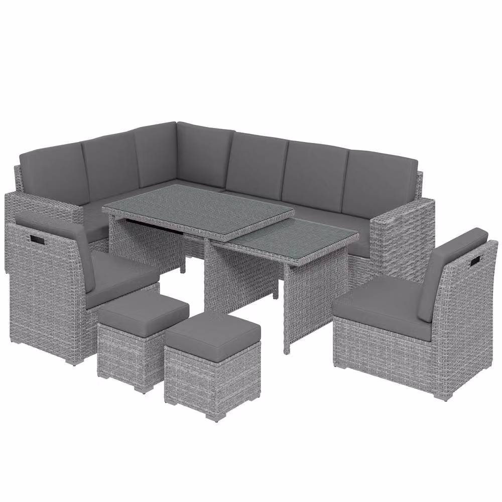 STILVORA 10-Seater Sofa Set with Expandable Glass Table and Rattan Details in Grey – 5