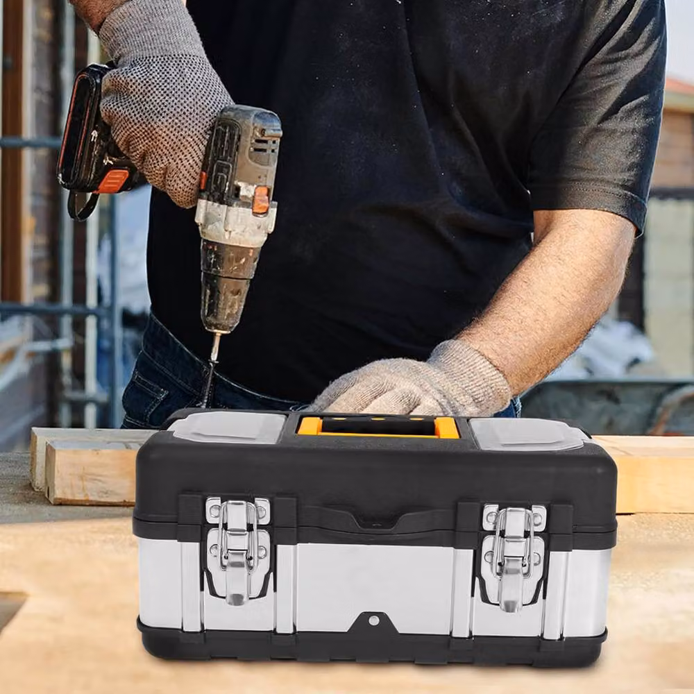 Hinsinc Stainless Steel Heavy Duty Tool Box Chest with Removable Tray in Black and Silver – 4