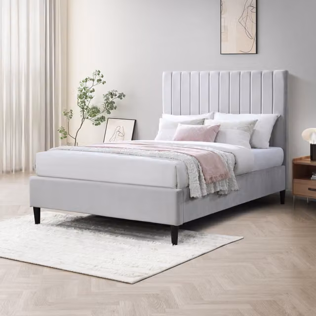 FurnitureboxUK Aster Velvet Bed Frame in Light Grey, Double (140 x 200 cm)