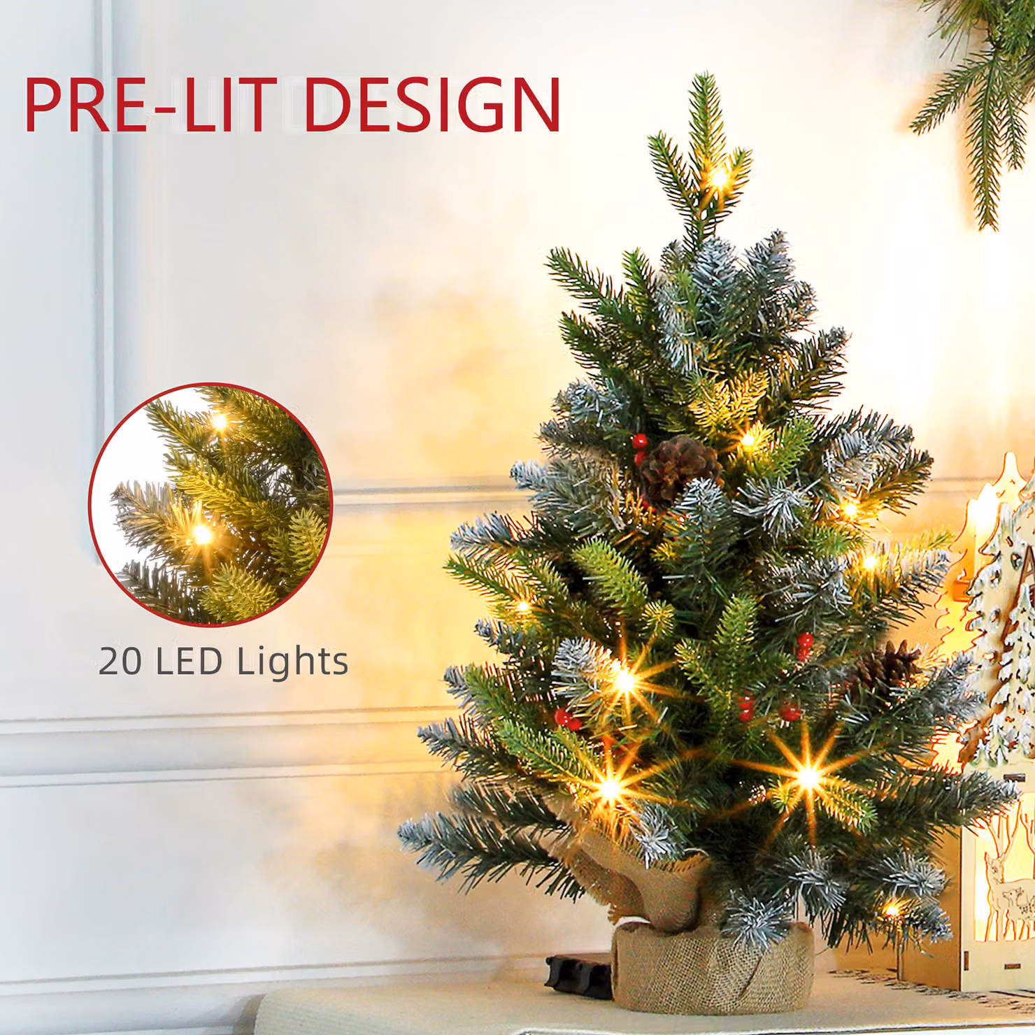 HOMCOM Set of Two Green Tabletop Christmas Trees with Lights, Berries and Pinecones, H: 60.96 cm – 3