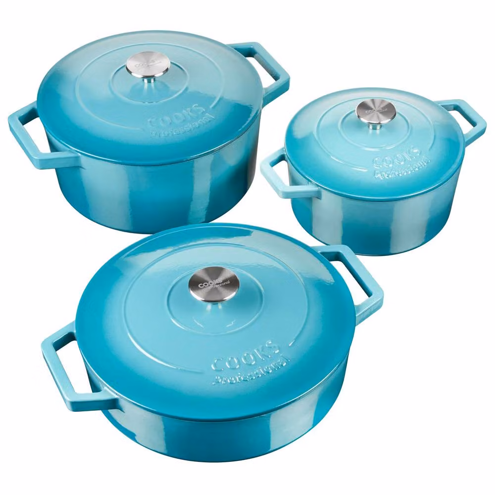 Cooks Professional Set of 3 Enamelled Cast Iron Casserole Dishes with Lids in Teal – 2