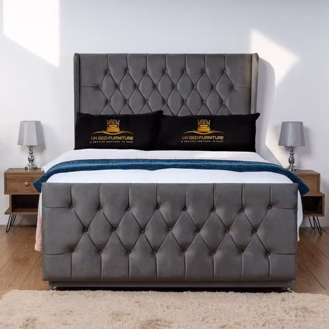 UK Bed Furniture Balamore Wingback Divan Bed Base with 54 Inch Headboard in Grey, W/D/H: 200 x 137.16 x 200 cm