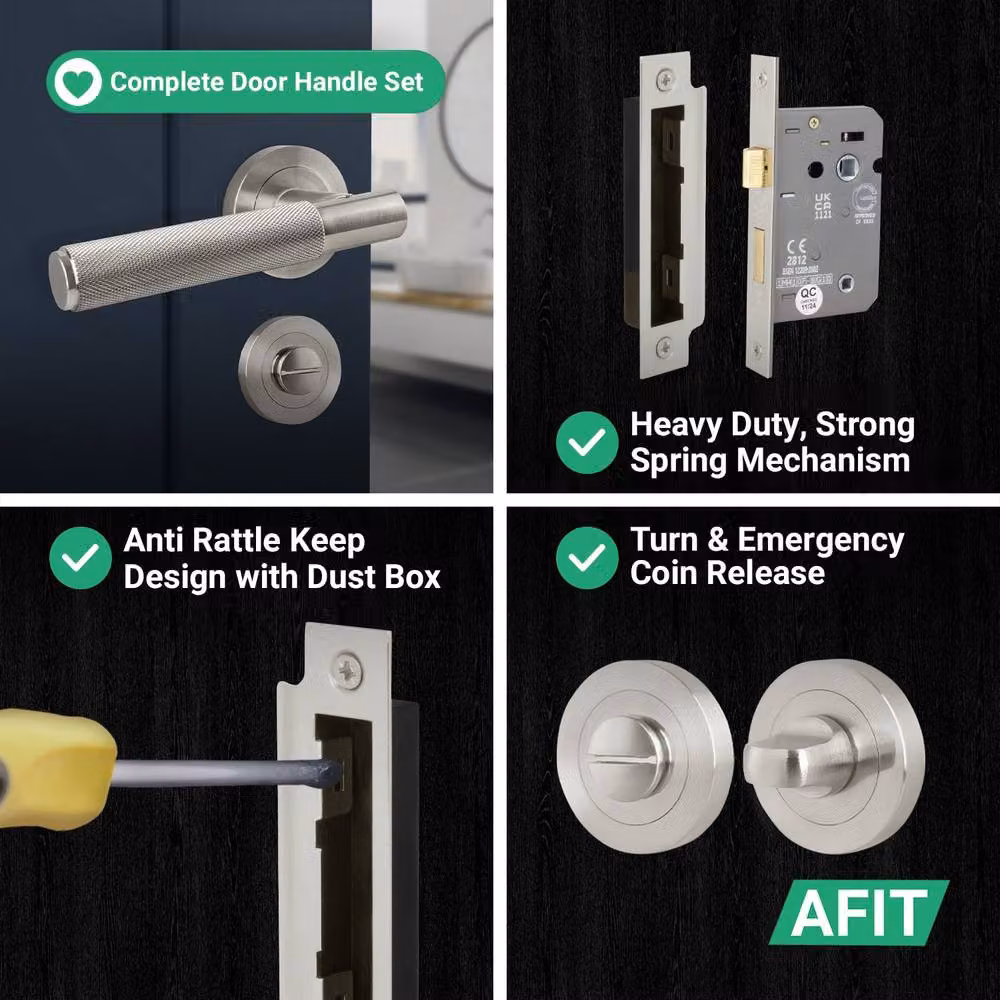 AFIT Satin Nickel Bathroom Door Handle with WC Lock and 64mm Rose in Silver, W/D/H: 15 x 15 x 2 cm – 6