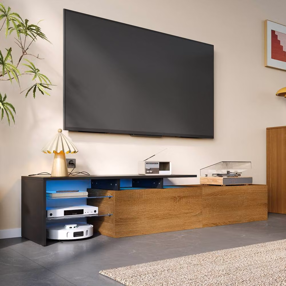 Merax Modern Freestanding TV Cabinet with Integrated LED Lighting and Glass Shelves in Beige, Sand or Brown, W: 170 cm, D: 33.5 cm, H: 33 cm – 6