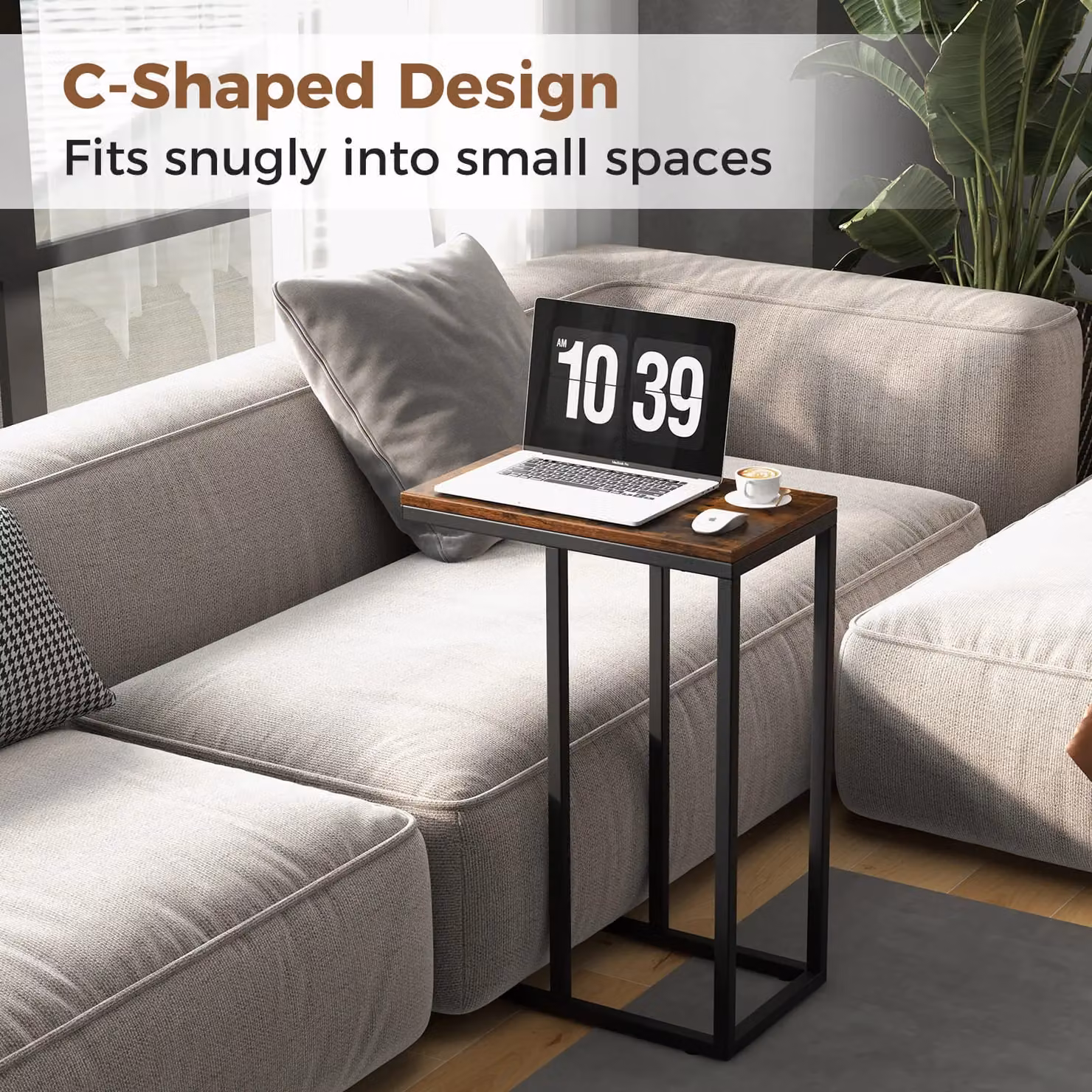 Gymax C-Shaped End Table with Metal Frame, Brown, Height: 64 cm – 5