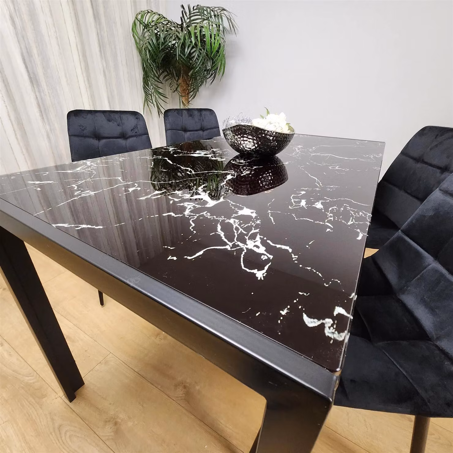 Kosy Koala Modern Black Marble Effect Dining Set with 4 Black Velvet Chairs in Brown – 3