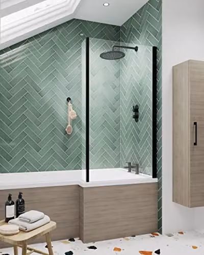 nuie NSBS2BP Pacific Modern L Shape Square Shower Bath Screen with Fixed Return, Black, W: 143.5 cm, D: 80.5 cm, 6mm Toughened Safety Glass – 2