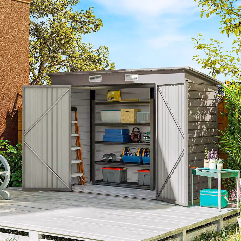 Rolipo Galvanised Steel Pent Shed with Double Doors and Lock, Light Grey – 2