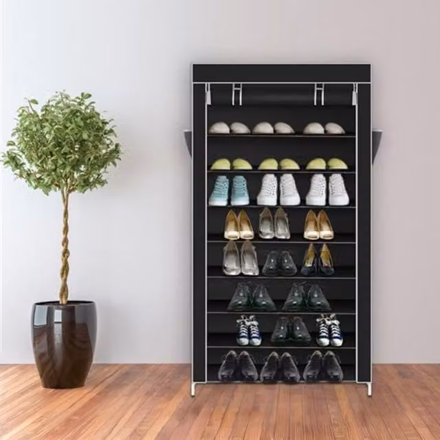 B Living Modern 10 Tier Freestanding Metal Shoe Rack Storage Cabinet with Roll Shutter, Black