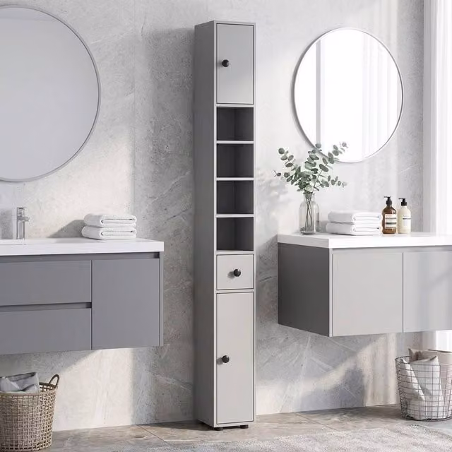 STILVORA Modern Grey Freestanding Bathroom Storage Cabinet with LED Lighting, Internal Shelves and Drawers, H 180 x W 20 x D 20 cm – 1