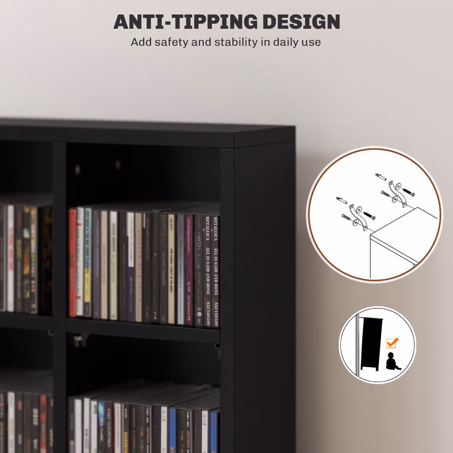 HOMCOM Modern Black CD Storage Unit with Adjustable Shelves and Media Compartments, W: 89 cm, H: 130.5 cm – 6