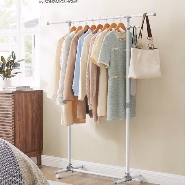 SONGMICS White Metal Clothes Rack with Castors and Adjustable Height