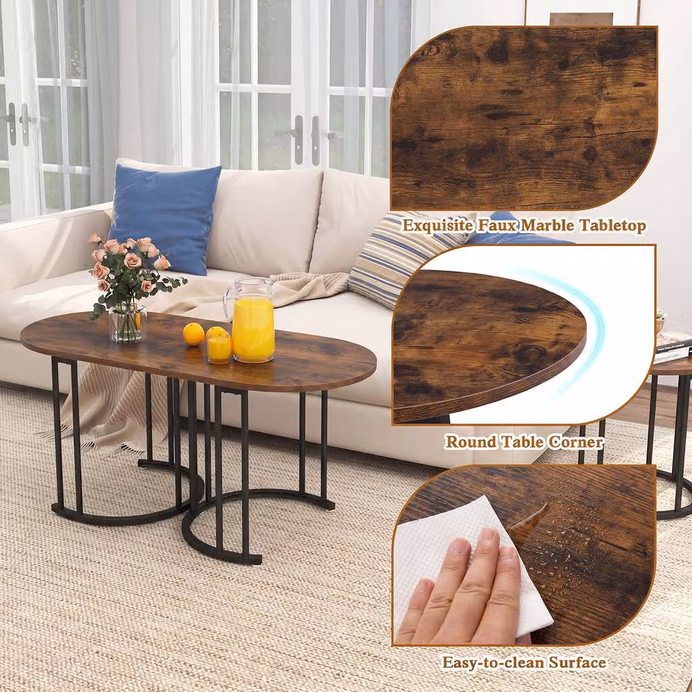 Costway 3-Piece Nesting Coffee Table Set in Brown with Oval Wood and Metal Tops – 4