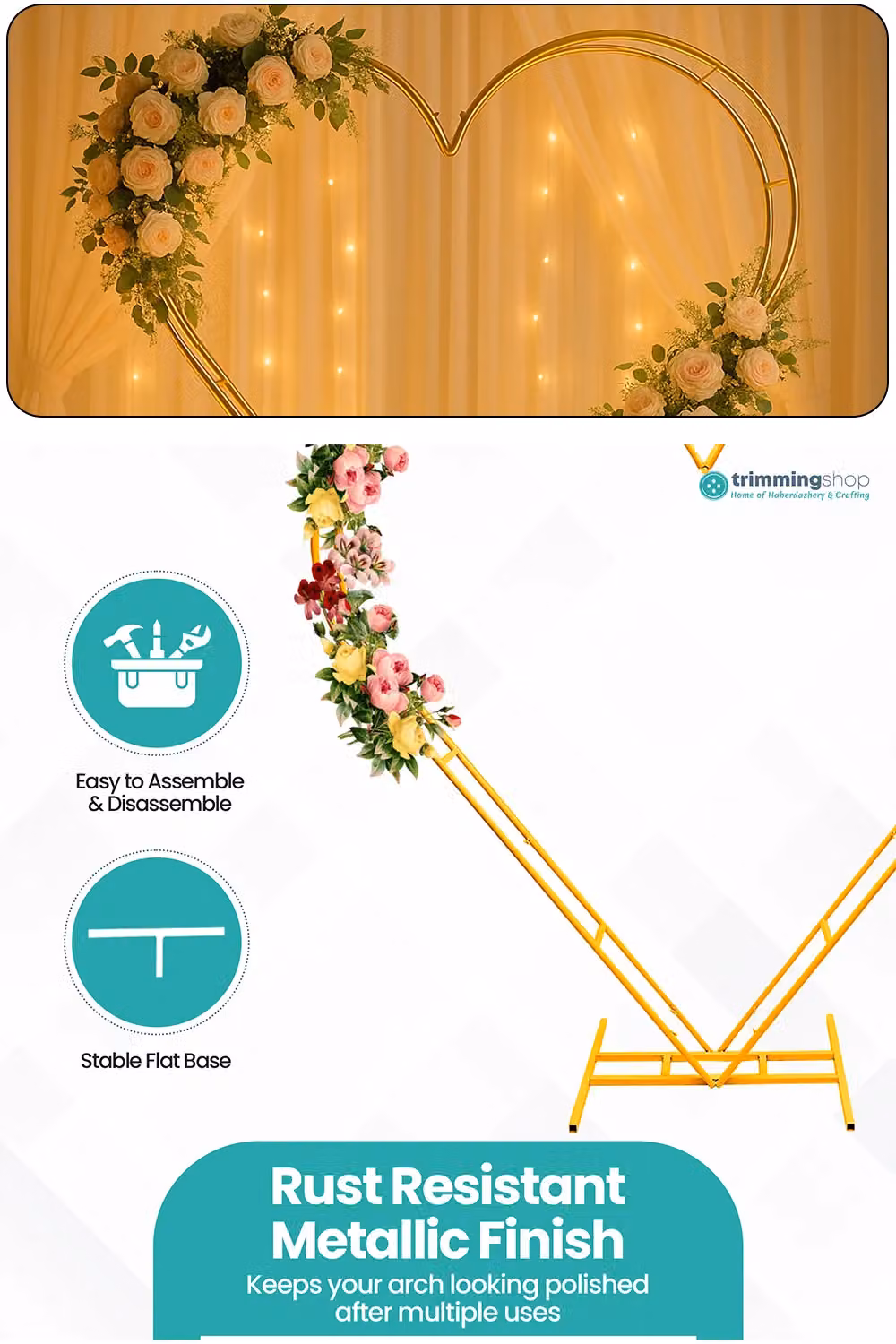 Neel Blue Dual Heart Arch Metal Party Decoration Stand in Gold, H: 200 cm x W: 182.88 cm (6.8ft x 6.5ft) – 2