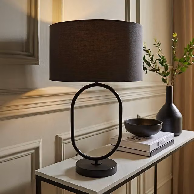 ValueLights Antonia Art Deco Oval Metal Table Lamp with Fabric Shade and LED Bulb in Grey and Black