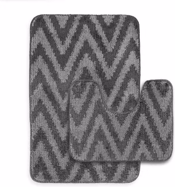 Velosso 2 Piece Grey Chevron Stripe Non-Slip Bath and Pedestal Mat Set