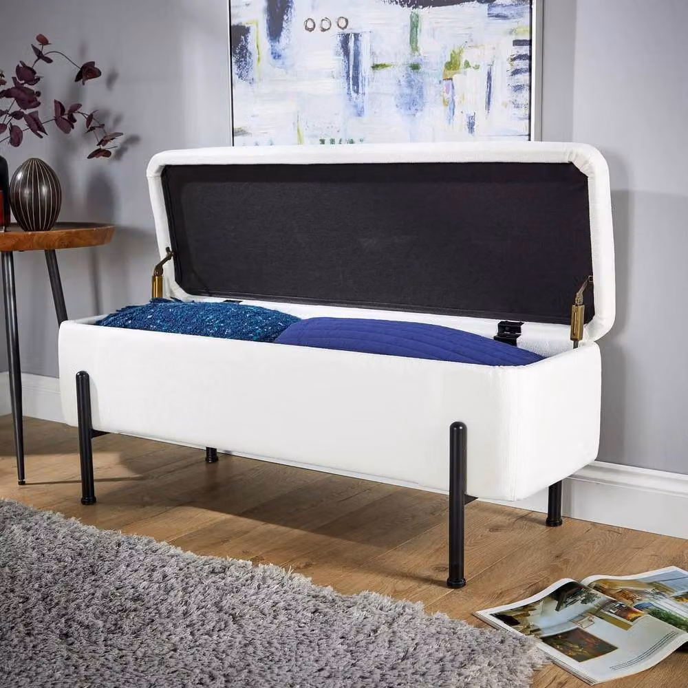FORGEVIO Modern Bouclé Storage Ottoman Bench with Metal Legs in White and Grey – 2