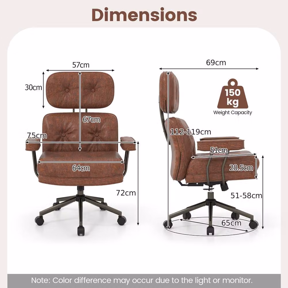 Gymax Brown Suede Fabric Home Office Task Chair with Headrest, Armrests and Swivel Castors – 2