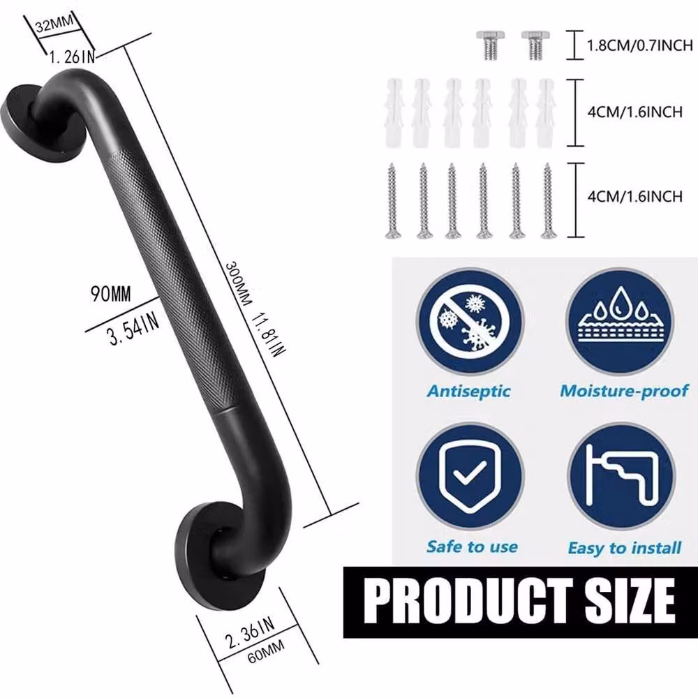 VOGREX Matt Black Stainless Steel Non-Slip Wall Mounted Shower Grab Bar Support Hand Rail – 2