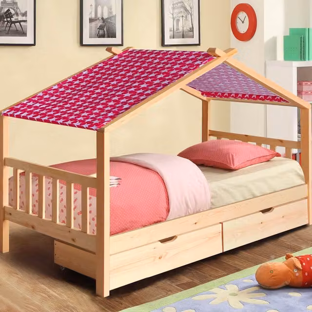 Comfy Living Wooden House Storage Bed with Fabric Tent and Drawers, Pink, W/D/H: 90 x 190 cm
