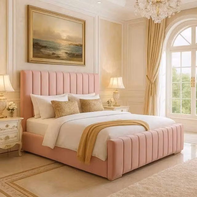 K Mehmood Enterprise Ltd London Divan Ottoman Bed with Headboard in Pink Velvet Fabric