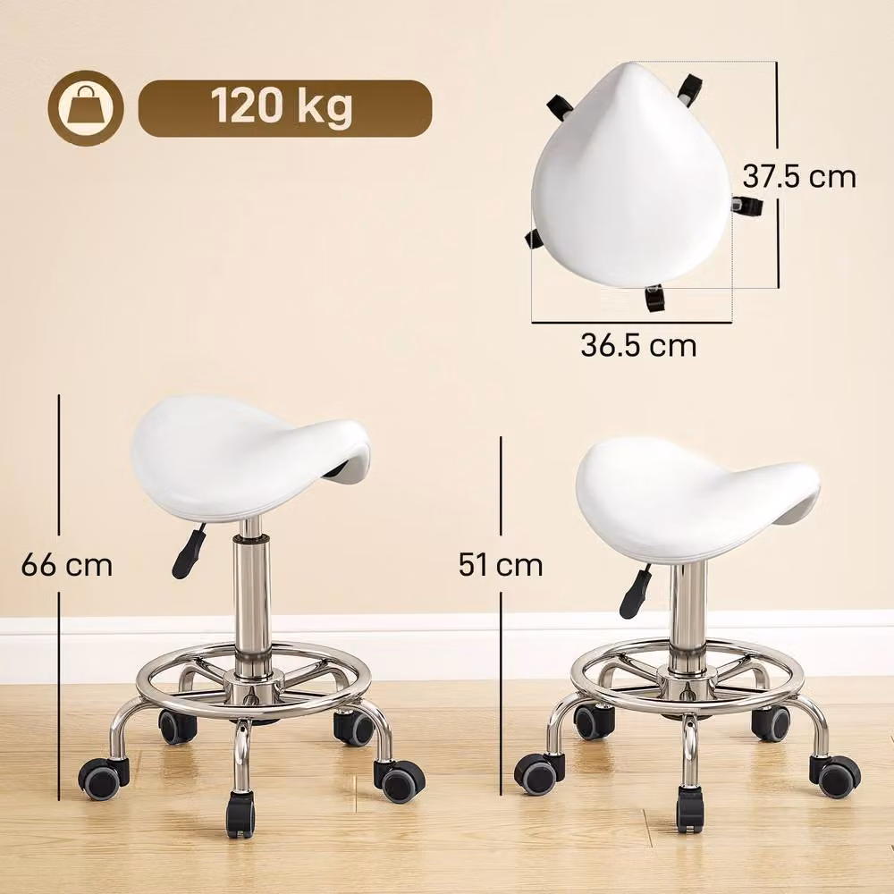 HOMCOM White PU Leather Adjustable Rolling Saddle Stool with Castors for Spa and Massage – 2