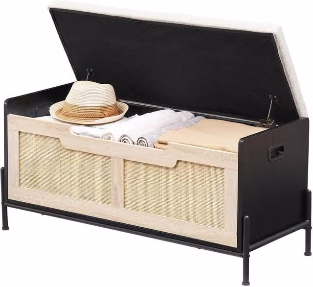VOGREX Black Rattan Entryway Storage Bench and Chest Trunk – 1