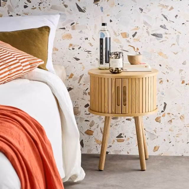sweeek Scandinavian Wood Bedside Table with 2 Sliding Doors in Light Brown