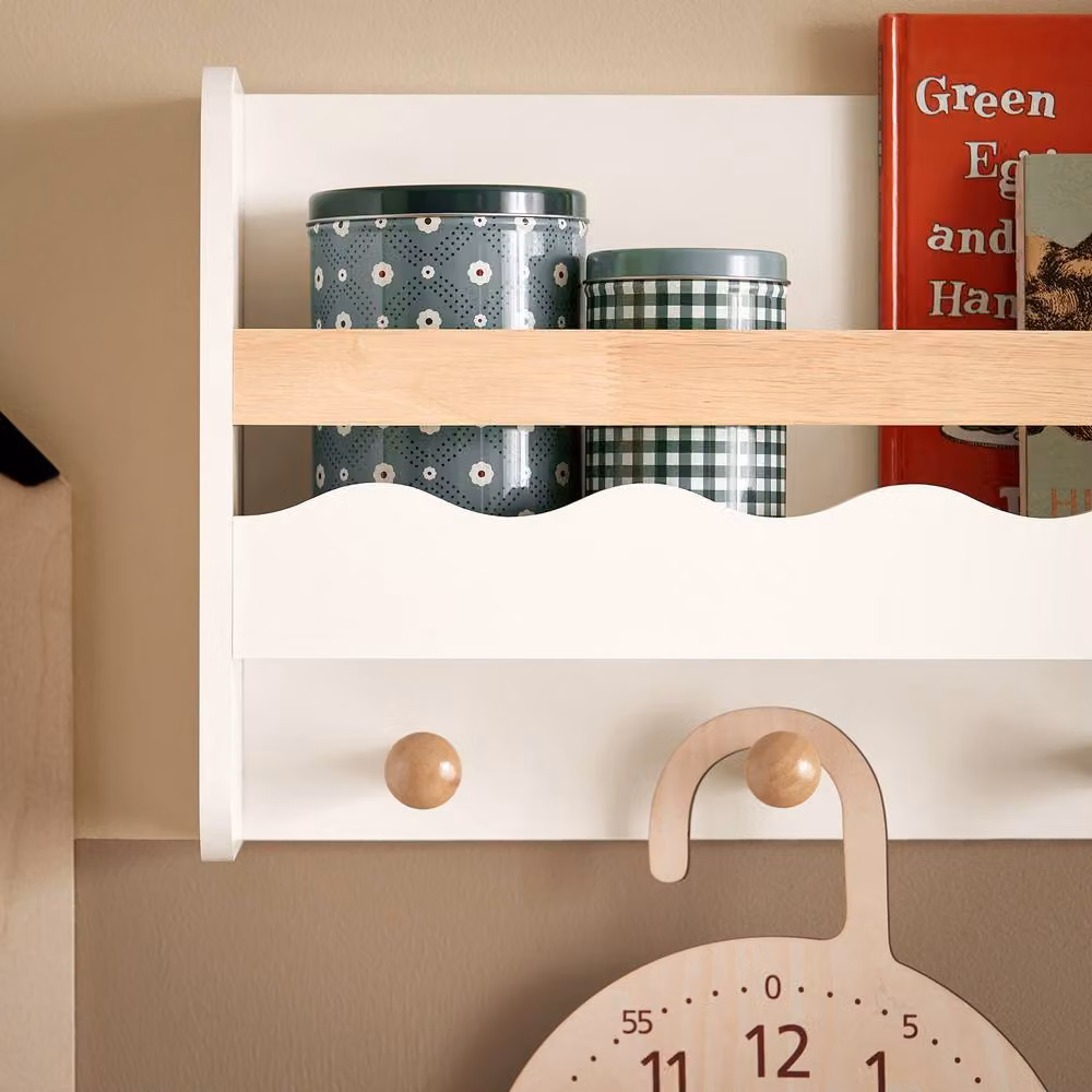 SoBuy Scandinavian Wall Mounted Shelf with 5 Hooks in White and Natural Wood – 5