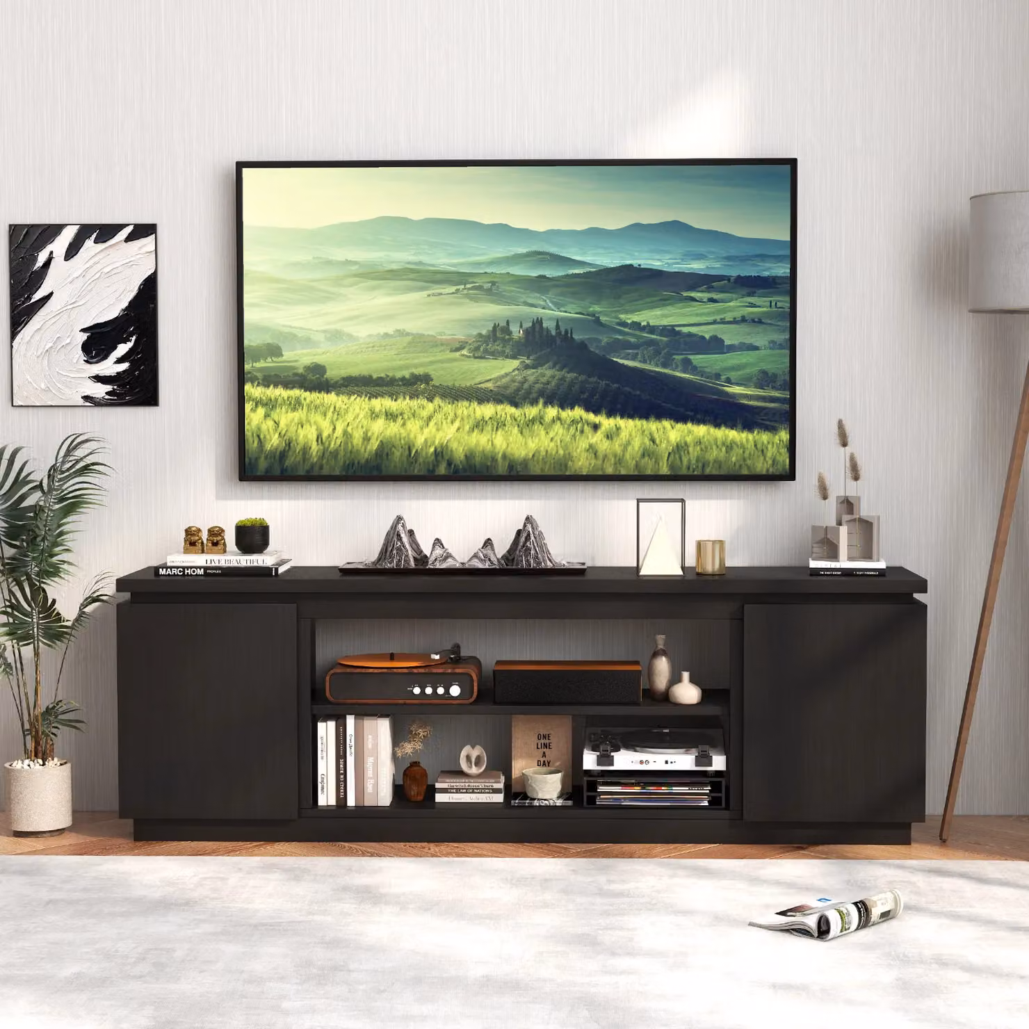 Gymax Modern Black Matt Media Console Table for TVs up to 80 inch, Width: 178 cm – 4