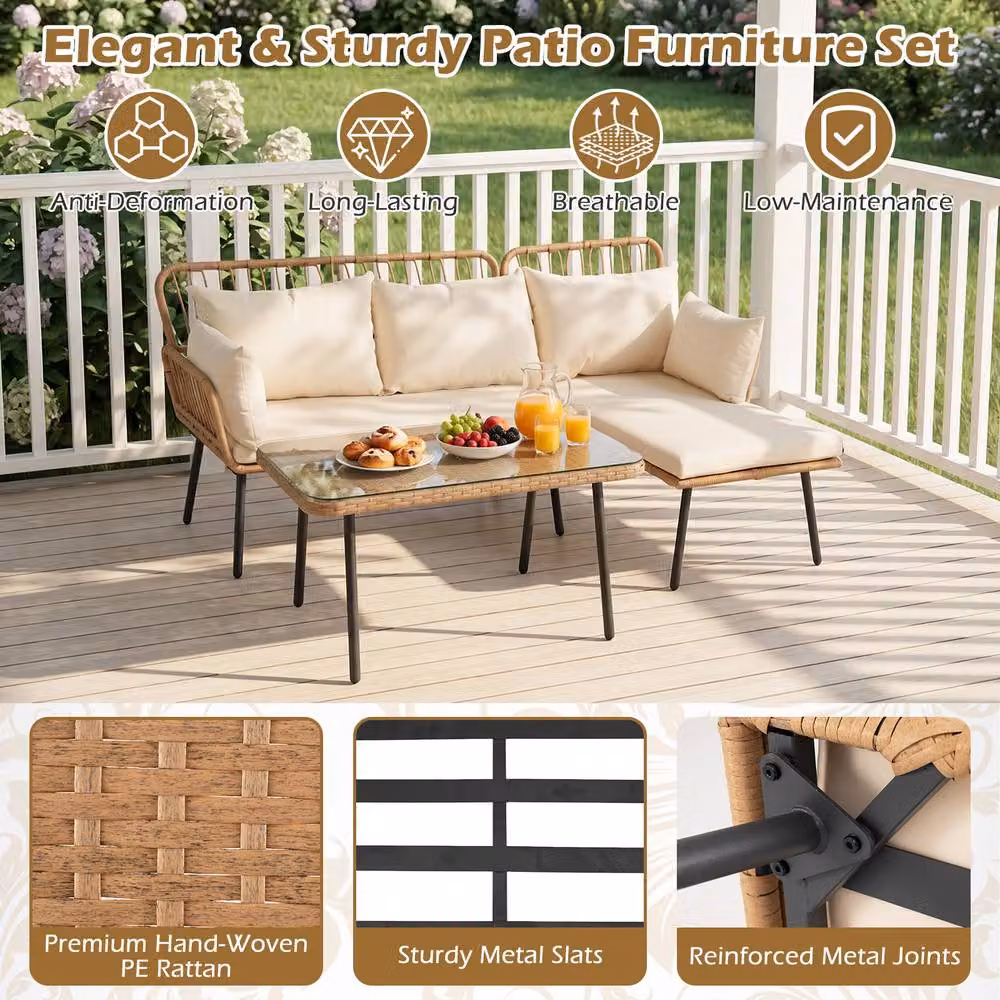 Gymax 3 Piece L-Shaped Patio Furniture Set with Upholstered Sectional Sofa, Coffee Table and Cushions in Beige Polyrattan – 5