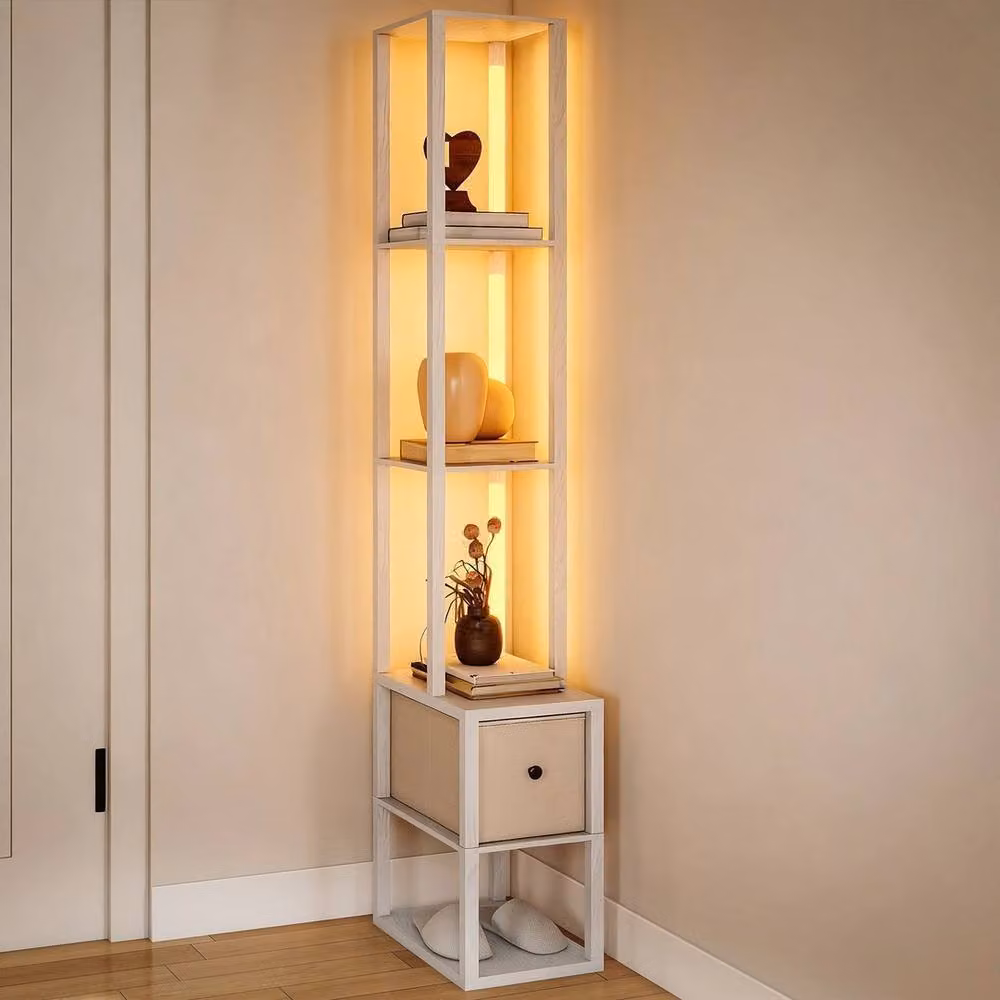 VOGREX White LED Floor Lamp with Shelves and Fabric Drawer, H 169 x W 43.5 x D 26.5 cm – 2