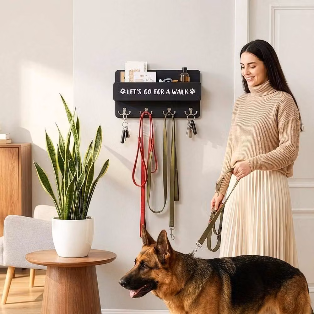 EONLION Black Wooden Wall Mounted Hook Rack with Shelf for Keys and Leashes, W: 52 cm, H: 29.97 cm, D: 8 cm – 4