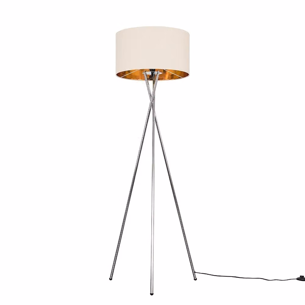 ValueLights Camden Modern Chrome Metal Tripod Floor Lamp with Beige and Gold Fabric Shade, H 154 cm x W 57 cm x D 57 cm – 3