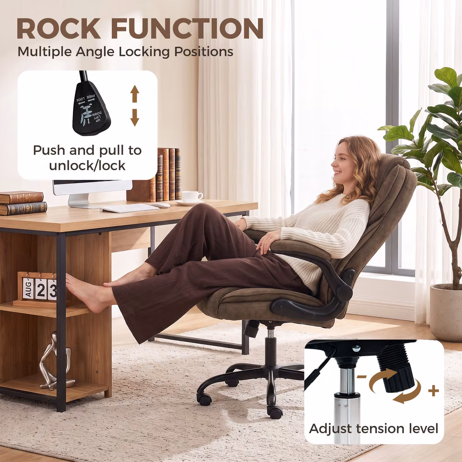 HOMCOM Ergonomic Brown Fabric Office Chair with Swivel Wheels and Adjustable Height – 5