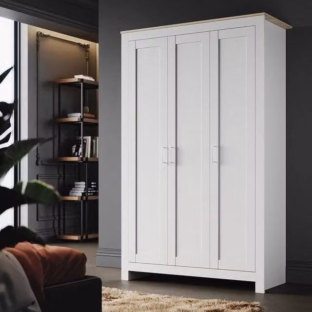 FORGEVIO Matte White 3 Door Triple Wardrobe with Integrated Drawers, H 180 cm x W 112 cm x D 50 cm