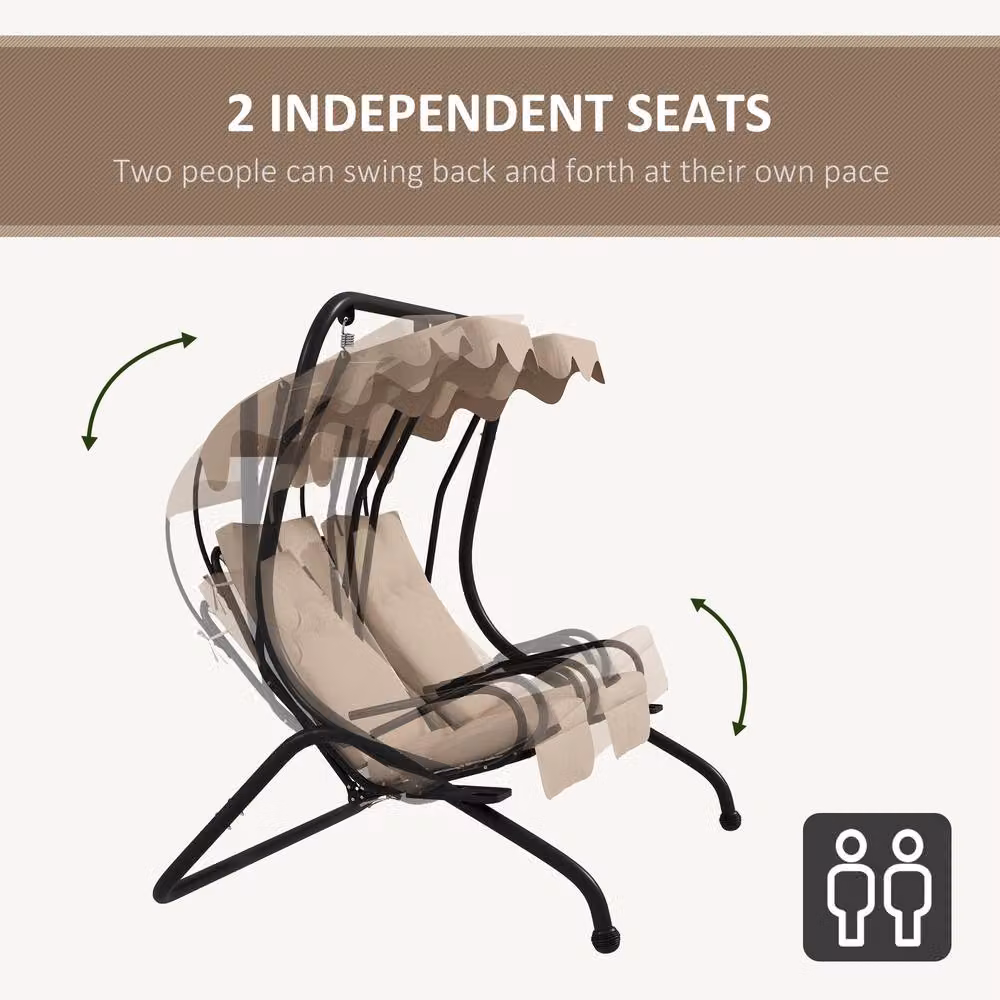 OUTSUNNY Modern Double Canopy Swing Set with Two Separate Relax Chairs and Cup Holders in Beige – 3