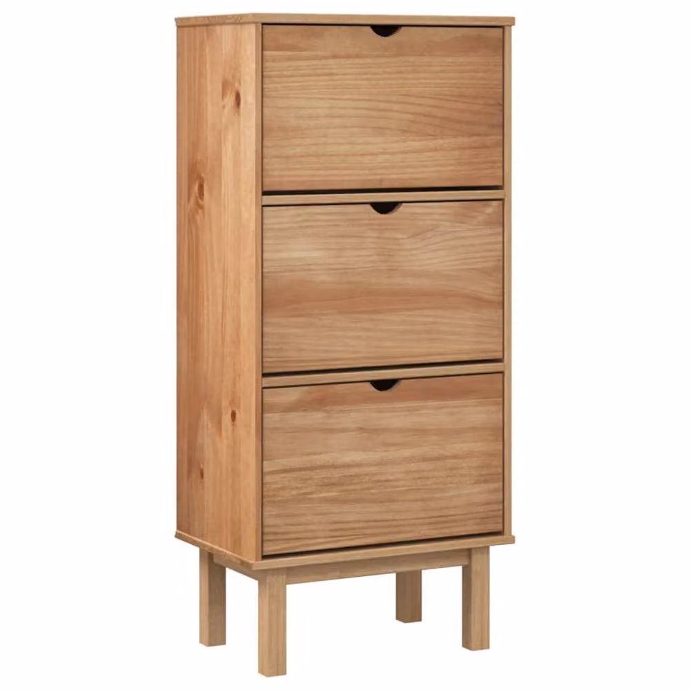 Berkfield Home OTTA Brown Solid Wood Pine Shoe Cabinet with 3 Drawers and Tilting Compartments – 2