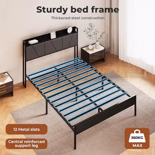 Levede Modern Upholstered Metal Bed Frame with Side Compartments and Headboard in Black, W/D/H: 140 x 200 x 135.5 cm – 9