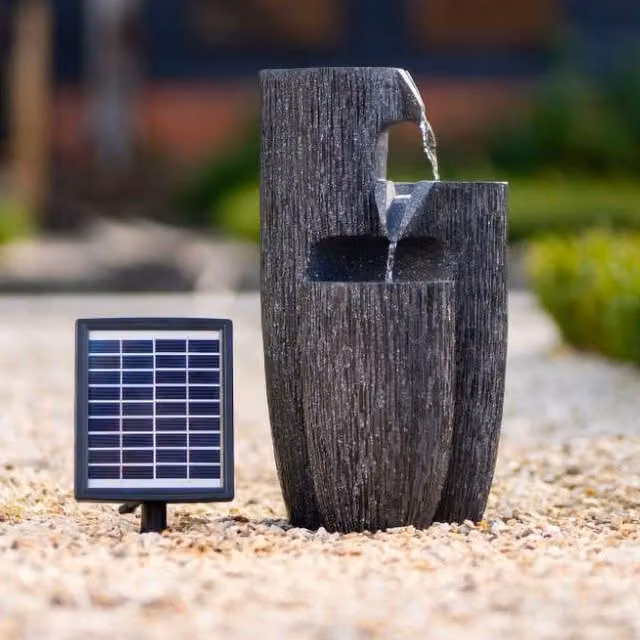 Primrose Pouring Textured Bowls Solar Powered Cascade Water Feature with Lights, Grey