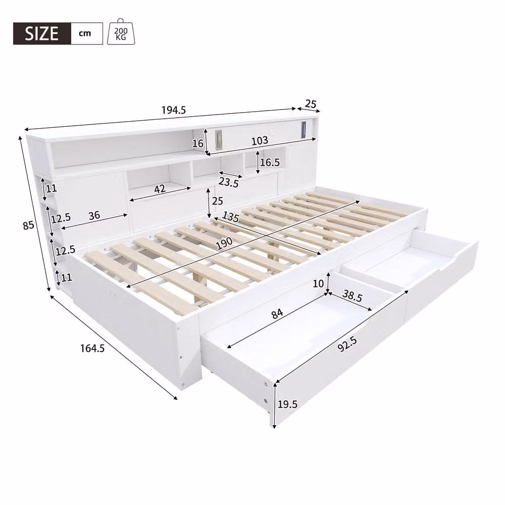 Rolipo White Double Storage Bed with Drawers and Shelves W/D/H: 135 x 190 x 85 cm – 2