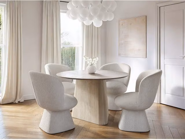 Solace+Co Elin Round Ceramic Dining Table and Aiko Chairs Set in Stone, W/D/H: 120 x 120 x 75 cm