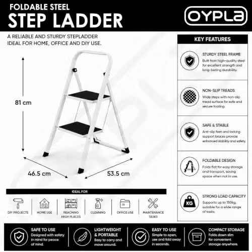 Oypla 2 Step Foldable Steel Stepladder with Non-Slip Rubber Feet in White – 2