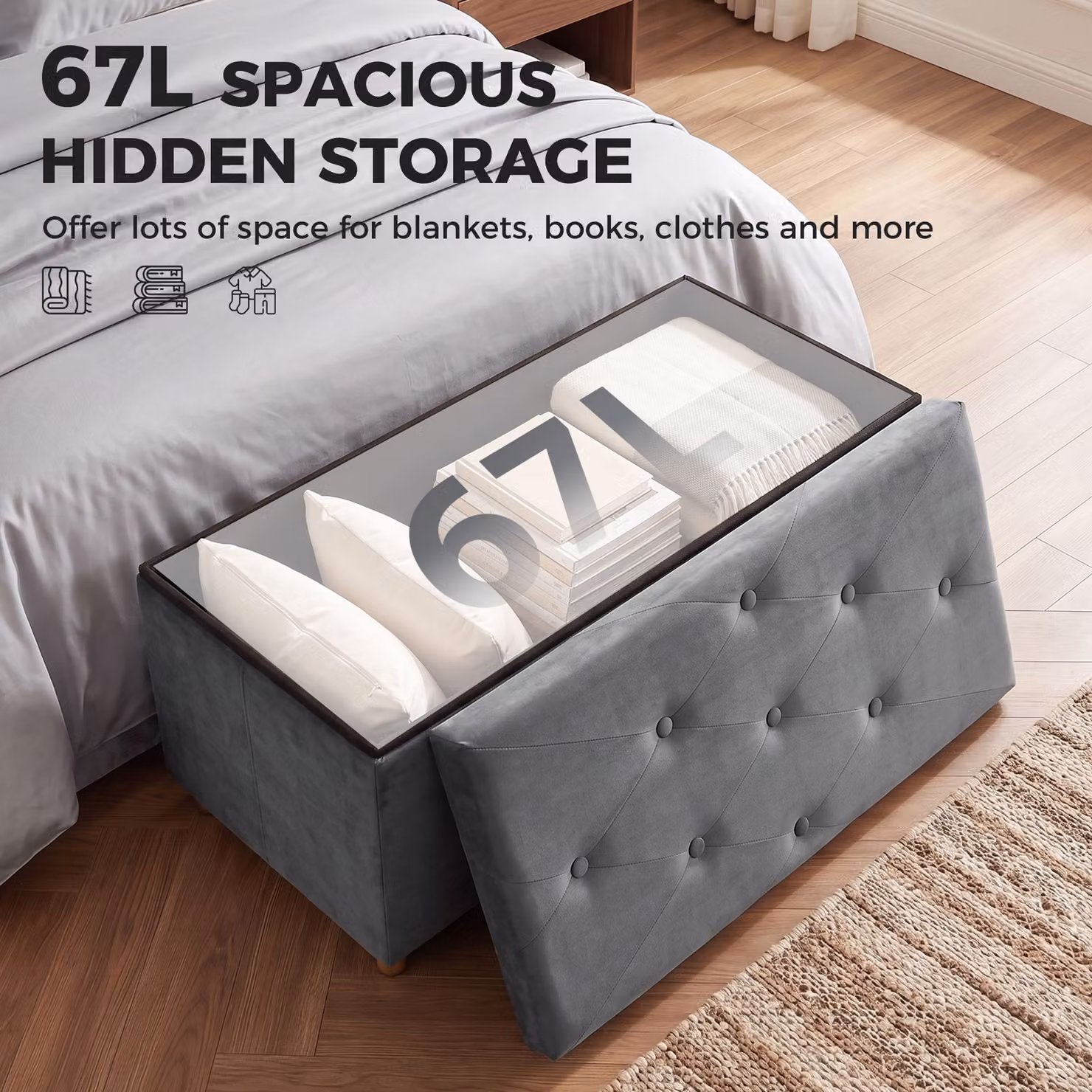 HOMCOM Grey Velvet Upholstered Foldable Storage Ottoman Bench with Wood Legs – 4