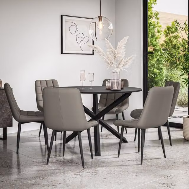 More4Homes Malvern Round Dining Table and 6 Nova Faux Leather Chairs Set, Black Table Top with Solid Oak Legs and Grey Chairs – 1
